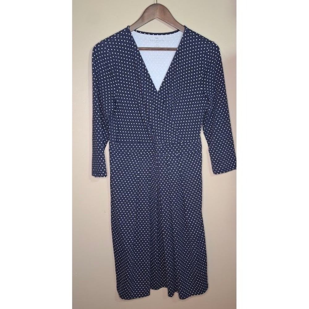 Talbots Petites Navy Blue White Polka Dot Faux Wrap Dress 10P VN784 3/4 Sleeve